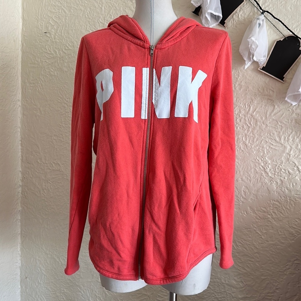 Victoria’s Secret Pink White Logo Hoodie Zip Up Sweatshirt Medium